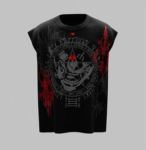 Dark Covenant Oversized Tank T-Shirt – Black Red Occult Graphic